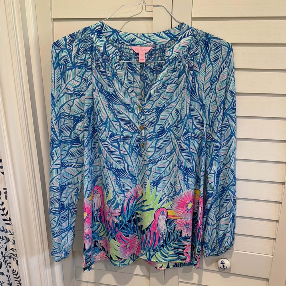 Blue and White Women's Light-Weight Blouse